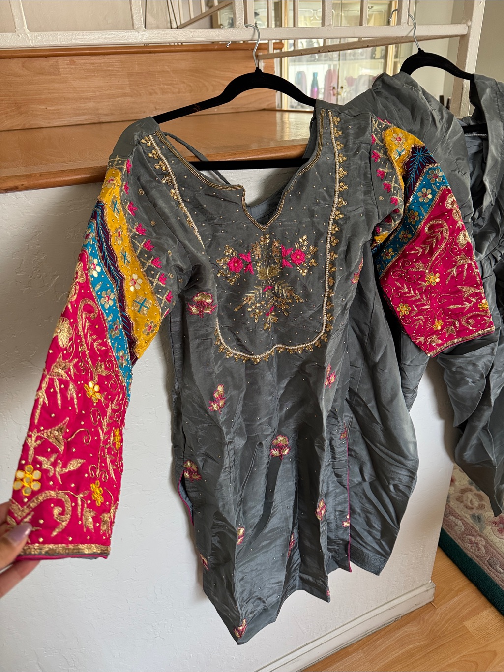 Embroidered Gray Tunic With Colorful Sleeves
